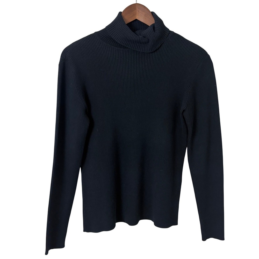 VTG 90s Turtleneck Sweater Women M Navy Blue Ribbed Cotton Classic CBK Minimal